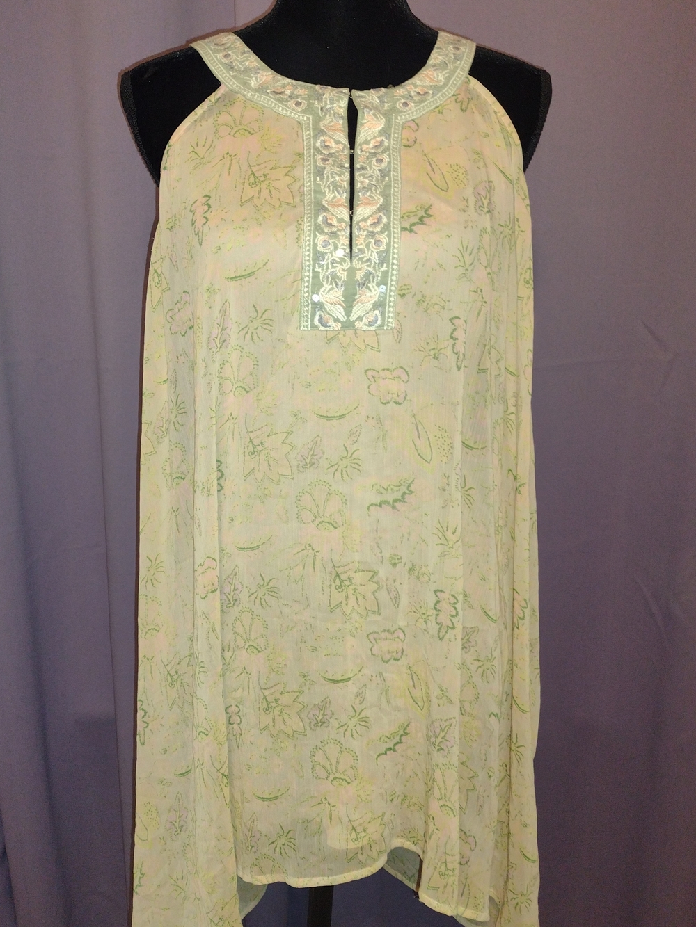 Free People Pastel Yellow & Green Embroidered Halter Dress